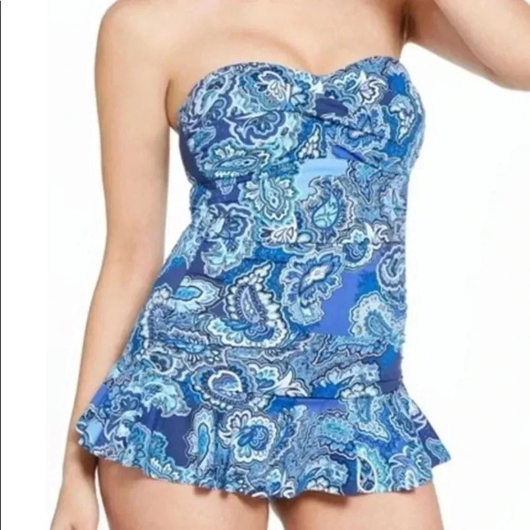Ralph Lauren BLUE Bandana Paisley Underwire Skirted One-Piece Swimsuit - Picture 2 of 10